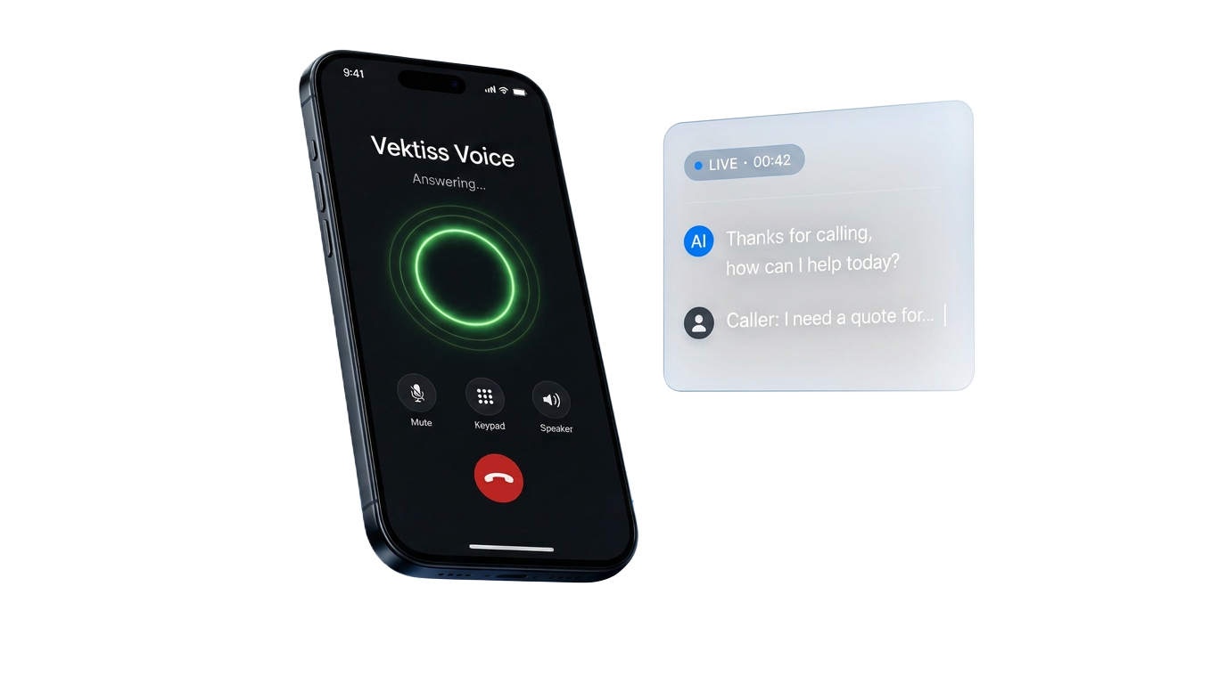 Vektiss Voice answering a live call on a phone with real-time AI transcription